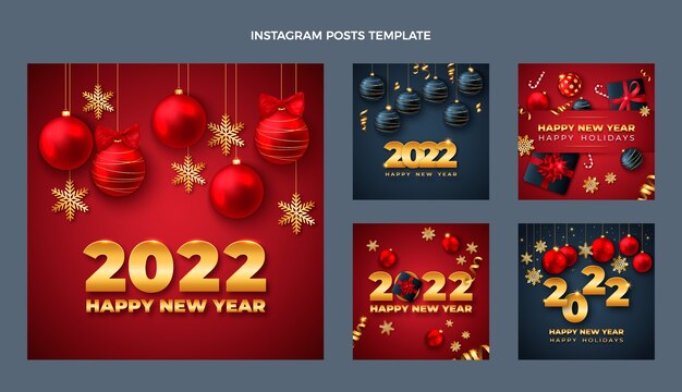 Coleção realista de postagens do instagram de ano novo
