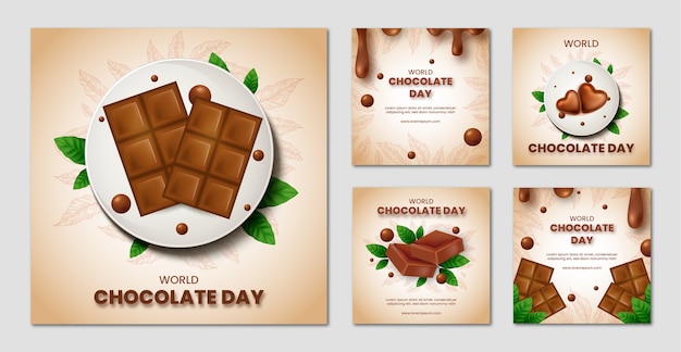 Vetor grátis coleção realista de postagens do instagram do dia mundial do chocolate