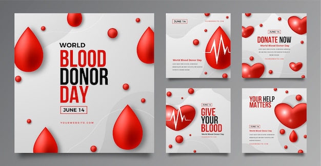 Vetor grátis coleção realista de postagens do instagram do dia mundial do doador de sangue