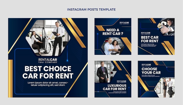 Vetor grátis coleção realista de postagens do instagram para aluguel de carros