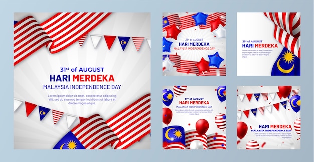 Vetor grátis coleção realista de postagens do instagram para celebração do dia da malásia