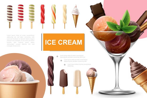 Vetor grátis coleção realista de sorvete com pirulito de fruta caramelo picolé de sorvete colheres coloridas de folhas de hortelã e barras de chocolate em vidro