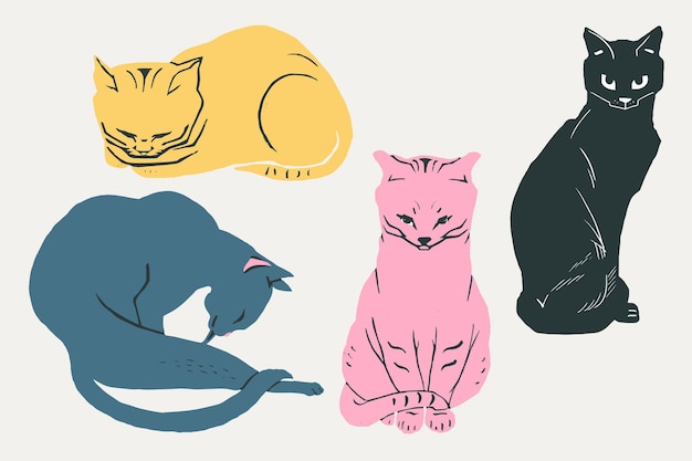 Coleção vintage de gatos desenhados à mão