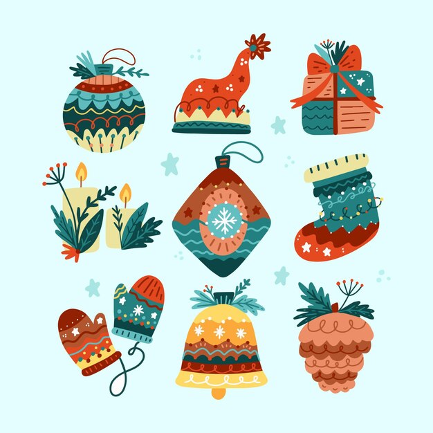 Colecção de elementos de Natal planos desenhados à mão