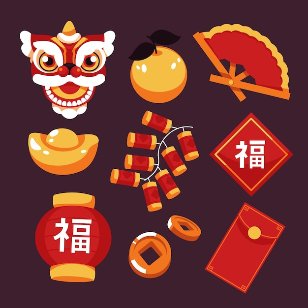 Vetor grátis colecção de elementos planos para o ano novo chinês