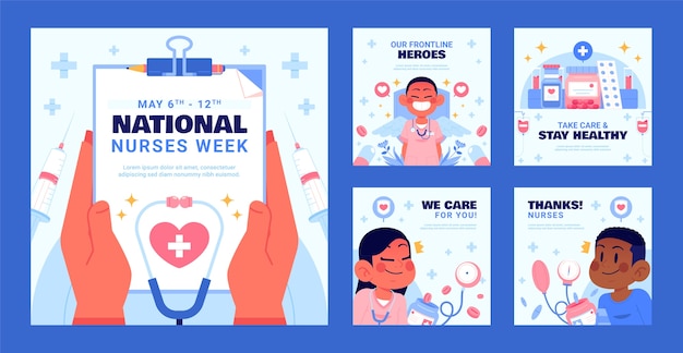 Vetor grátis colecção de postagens de instagram da semana nacional de enfermeiras planas