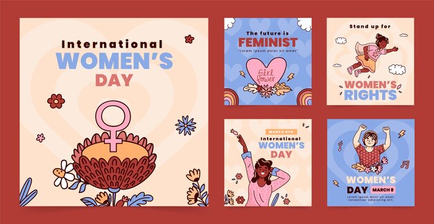 Colecção de postagens de Instagram do Dia da Mulher desenhadas à mão.