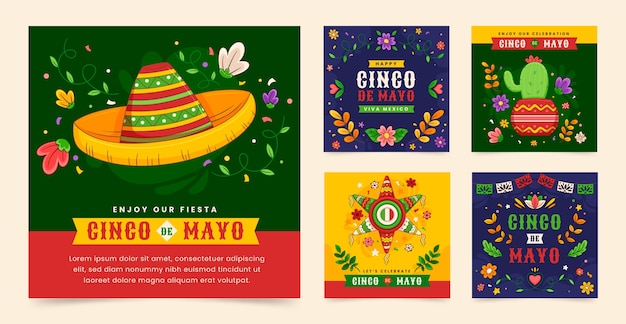 Vetor grátis colecção de postagens do flat cinco de maio no instagram