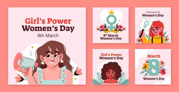 Colecção de postagens no Instagram desenhadas à mão para a celebração do Dia Internacional da Mulher.