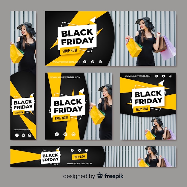 Colección de banners web de rebajas de black friday con mujer comprando