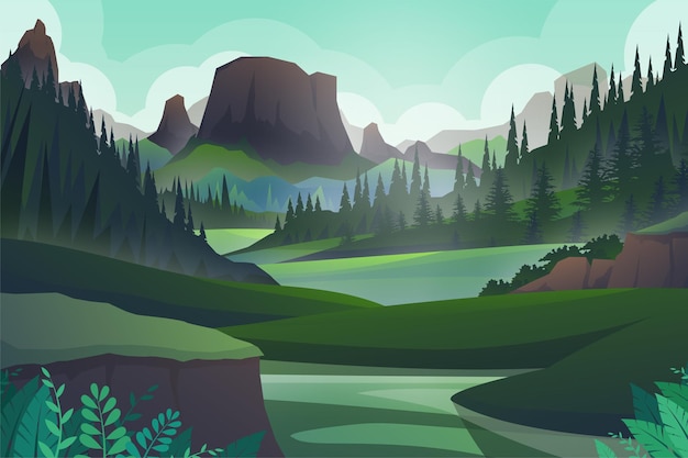 Colina pacífica, árvore florestal e rocha de montanhas, bela paisagem, aventura ao ar livre em verde e silhueta, ilustração