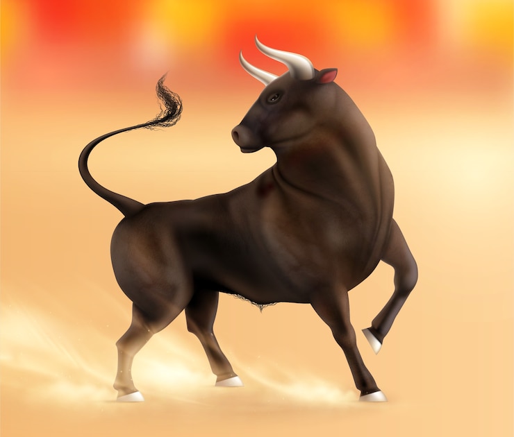 Vetor grátis color bull composição realista com paisagem ao ar livre e correndo com trilhas de areia ilustração vetorial