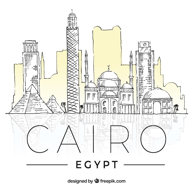 Colorido, desenhado mão, cairo, skyline