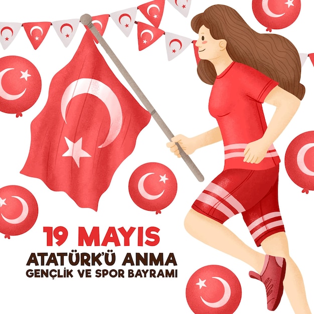 Vetor grátis comemoração de aquarela desenhada à mão de ataturk, dia da juventude e esportes