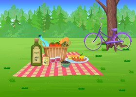 Comida de piquenique na grama na ilustração dos desenhos animados do parque. cesta de palha com azeitonas, vinho, salsichas na manta