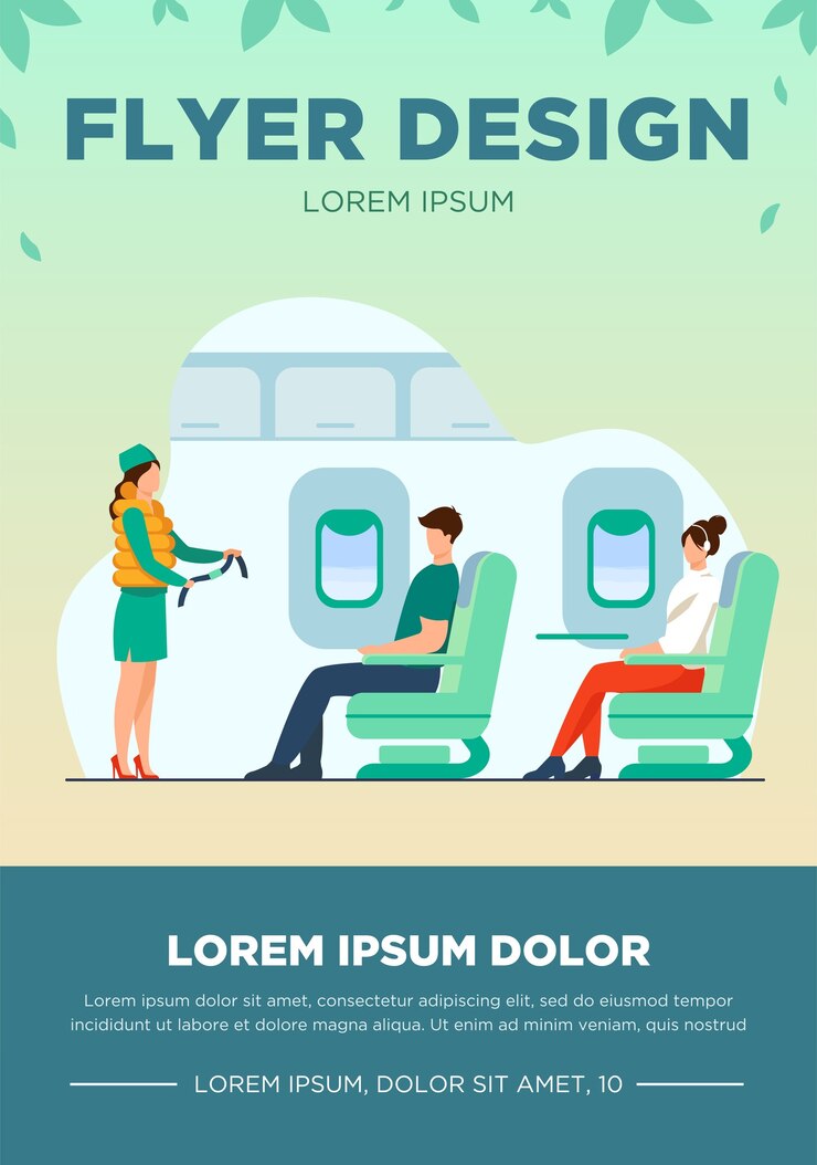 Vetor grátis comissário de bordo explicando as instruções de segurança. passageiro, avião, ilustração vetorial plana de cinto. conceito de viagens e férias para banner, design de site ou página de destino