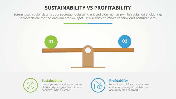 Vetor grátis comparação de sustentabilidade versus rentabilidade oposta conceito infográfico para apresentação de slides com escala de madeira porcentagem com estilo plano