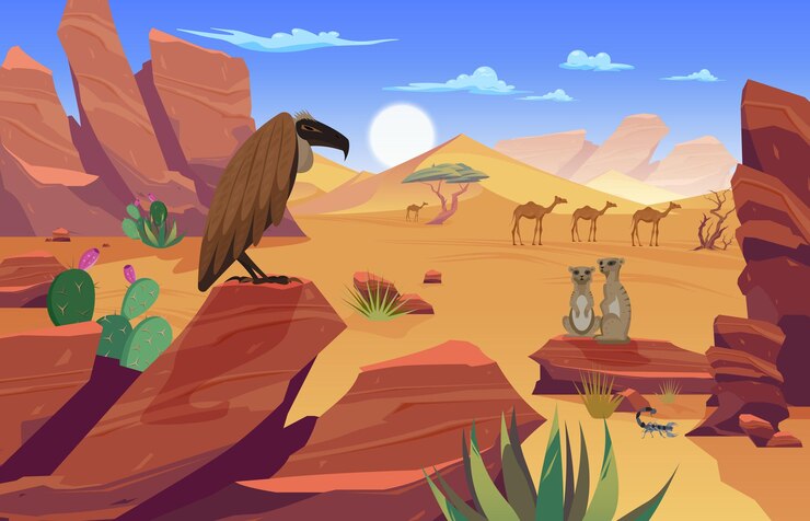 Vetor grátis composição animal do deserto com paisagem diurna de terreno baldio com rochas areias árvores com ilustração vetorial de animais e pássaros