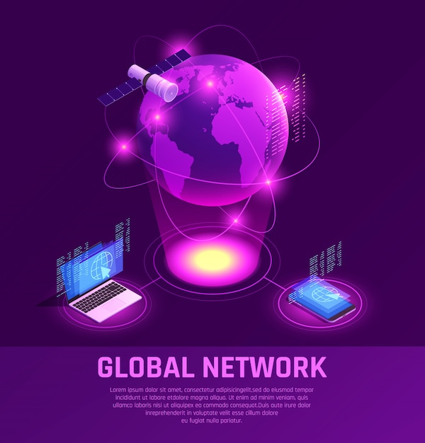 Composição brilhante isométrica de rede global com dispositivos móveis e internet via satélite em roxo