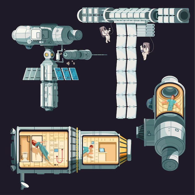 Vetor grátis composição colorida da estação espacial internacional orbital é desmontada em salas de vários segmentos e ilustração de diferentes transmissores