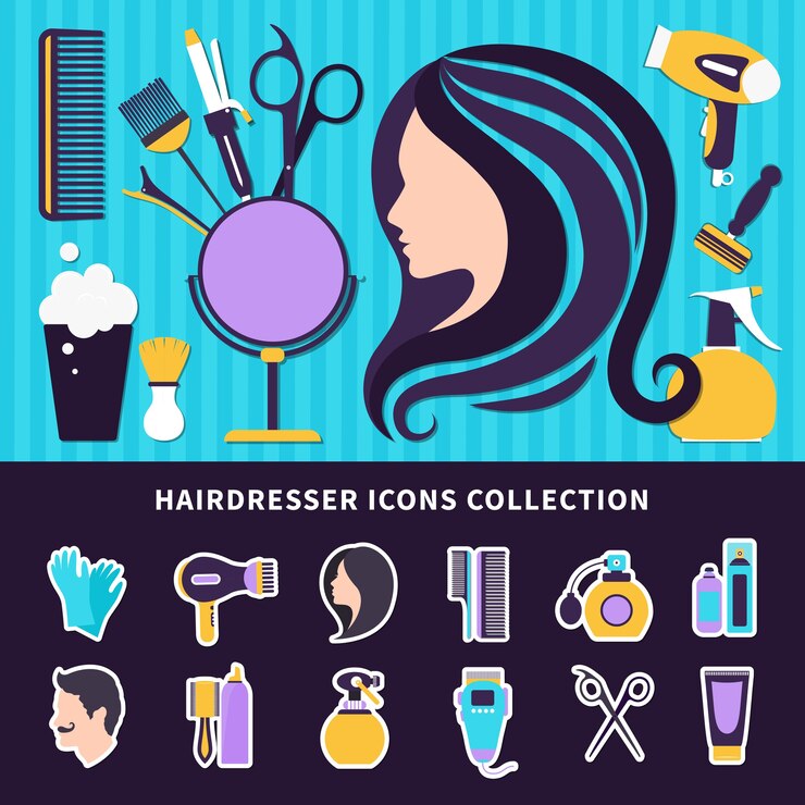Vetor grátis composição colorida de cabeleireiro com elementos de estilo e ferramentas para barbearia e salão de beleza