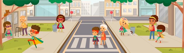 Composição colorida de desenhos animados de super-heróis infantis