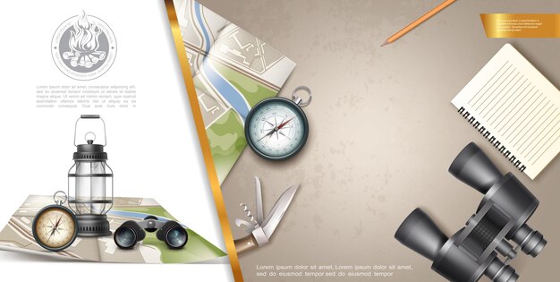 Composição colorida de recreação ao ar livre com binóculos, bloco de notas, bússola de navegação, lápis, faca, mapa, ilustração de estilo realista