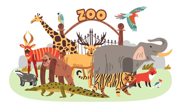 Vetor grátis composição colorida do zoológico de vários animais grandes em frente aos portões do zoológico ilustração vetorial