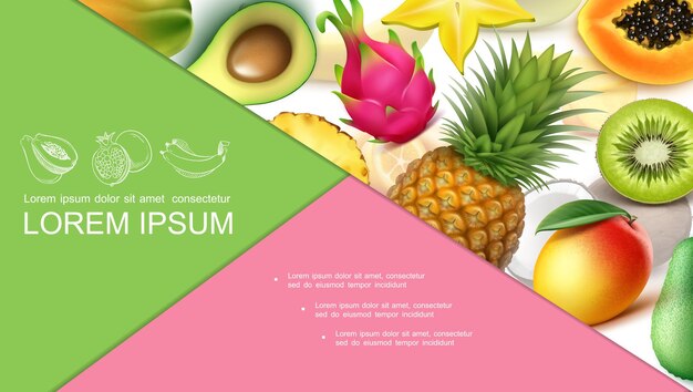 Composição colorida realista de frutas exóticas com abacaxi abacate goiaba kiwi papaia manga carambola dragonfruit