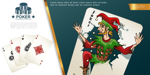 Composição colorida realista de pôquer com ases de espadas, clubes de corações e cartas de diamante