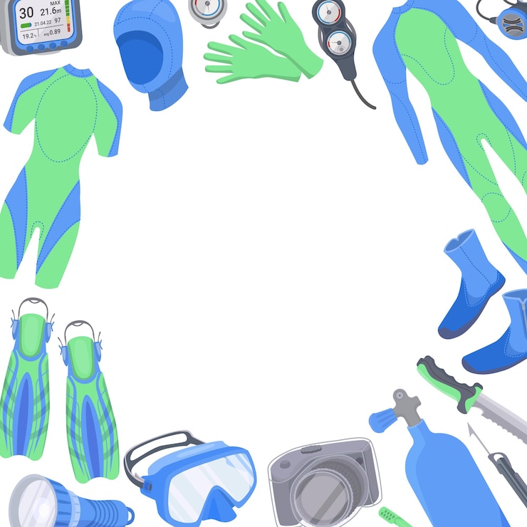 Vetor grátis composição com espaço de círculo vazio cercado com um conjunto de ícones planos de equipamento de mergulho na ilustração vetorial de fundo em branco
