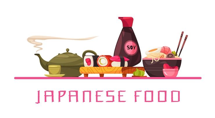 Vetor grátis composição da culinária japonesa com mesa servida com comida tradicional japonesa