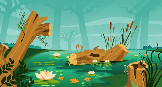 Vetor grátis composição da floresta pântano de cenário selvagem ao ar livre com silhuetas de céu de árvores e pântano com ilustração vetorial de plantas
