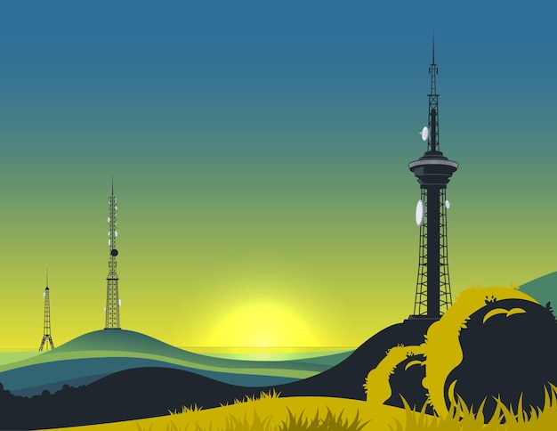 Vetor grátis composição da paisagem da torre de comunicação com cenário do pôr do sol céu claro e torres de telecomunicações modernas em colinas distantes ilustração do vetor