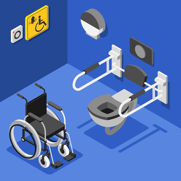 Vetor grátis composição de ambiente acessível com cadeira de rodas e banheiro público equipado para pessoas com deficiência em fundo azul 3d ilustração vetorial isométrica