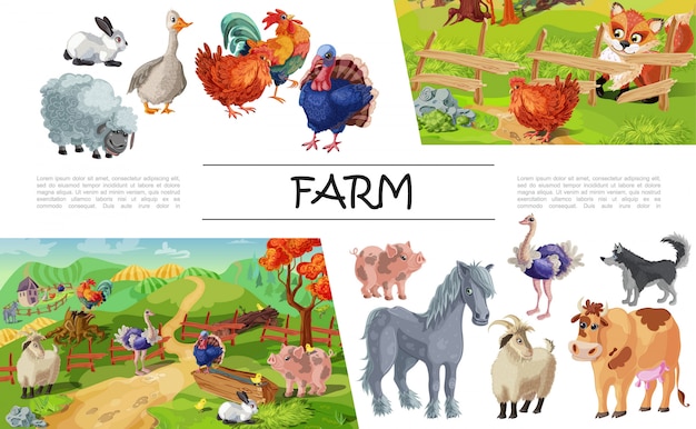 Composição de animais de fazenda dos desenhos animados com coelho ganso galo ovelha porco peru cavalo cabra cachorro vaca avestruz raposa olhando frango