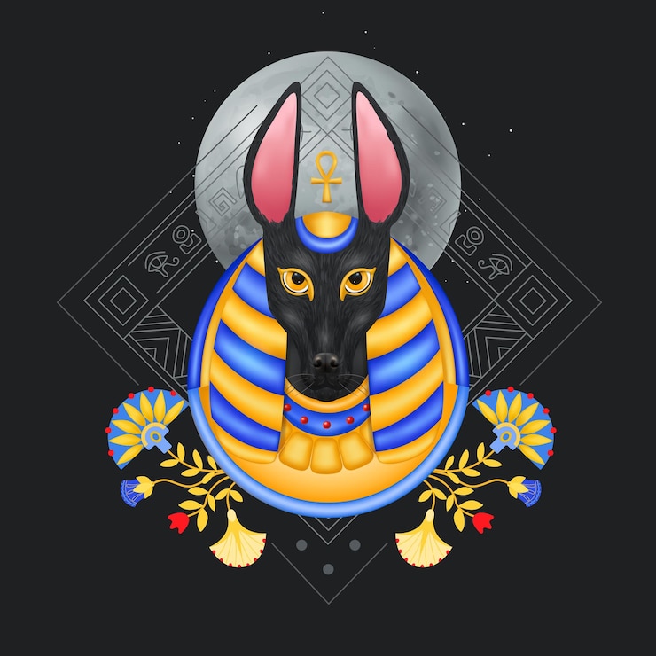 Vetor grátis composição de anubis com imagem de estilo avatar de deus egípcio com flores de cabeça de cães e ilustração vetorial de ornamentos geométricos