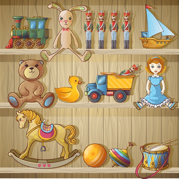 Vetor grátis composição de brinquedos de prateleiras de crianças