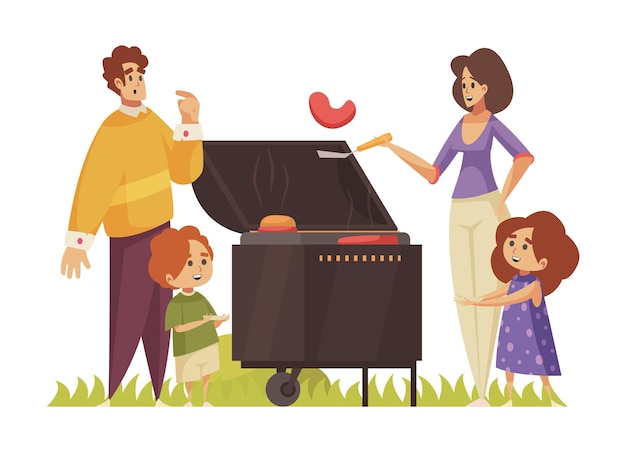 Vetor grátis composição de churrasco com personagens de pais com filhos e churrasqueira com ilustração vetorial de salsichas