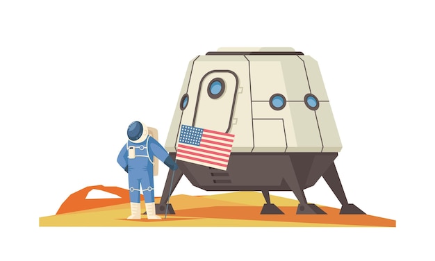 Composição de colonização de marte com terreno extraterrestre e módulo de nave espacial com astronauta segurando ilustração vetorial de bandeira americana