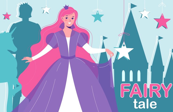 Vetor grátis composição de conto de fadas com colagem de texto plano e personagem de princesa com silhuetas de ilustração vetorial de castelo