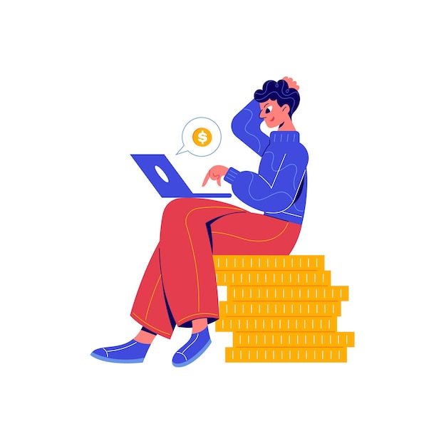 Composição de crowdfunding com personagem de doodle sentado em uma pilha de moedas com ilustração de laptop