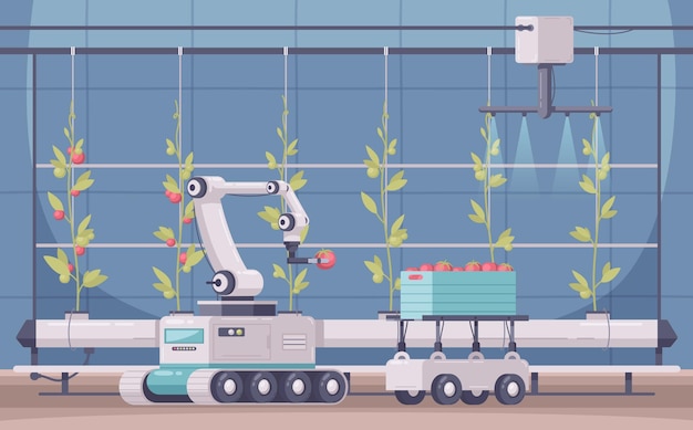 Composição de desenho animado de agricultura inteligente com vista interna de uma estufa com plantas e máquinas automatizadas colhendo ilustração de frutas