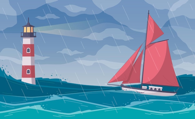 Vetor grátis composição de desenho animado de iate com cenário de mar aberto em tempo chuvoso com iate de vela vermelha