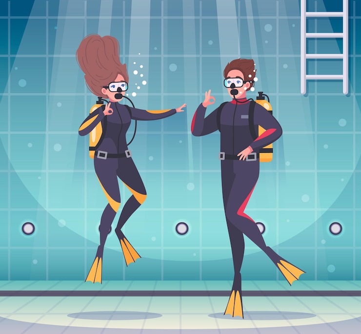 Vetor grátis composição de desenho animado de mergulho com snorkel com personagens humanos de mergulhadores debaixo d'água em uma piscina com aparelho de respiração