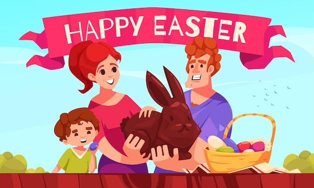 Composição de desenho animado de Páscoa com família feliz segurando lebre de chocolate e cesta de ovos ilustração vetorial