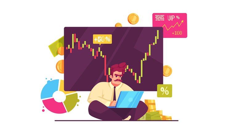 Vetor grátis composição de desenho animado do mercado de ações com homem de negócios e gráfico de negociação em ilustração vetorial de fundo