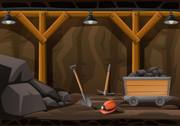 Vetor grátis composição de desenho animado mineiro com cenário subterrâneo e instalações de minas vintage com ferramentas e ilustração vetorial de capacete