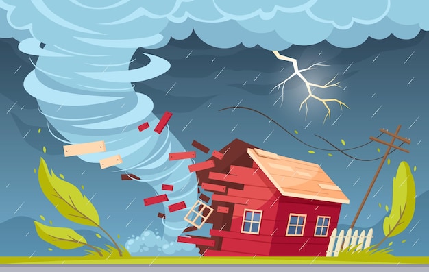 Vetor grátis composição de desenhos animados de desastres naturais com nuvens de chuva ao ar livre em um cenário suburbano e um vórtice de tornado destruindo a casa viva