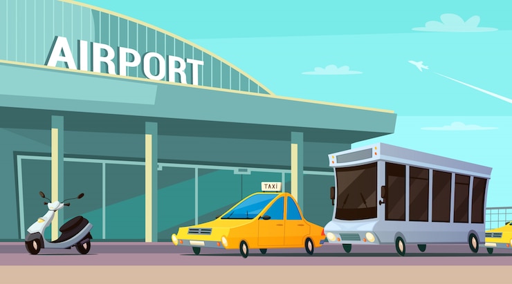 Vetor grátis composição de desenhos animados de transporte de cidade com terminal de aeroporto